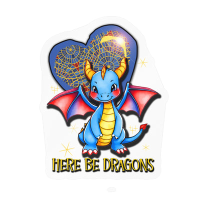 Here Be Dragons Kiss-Cut Vinyl Sticker — Cute Blue Dragon Decal for Laptops, Water Bottles & Windows