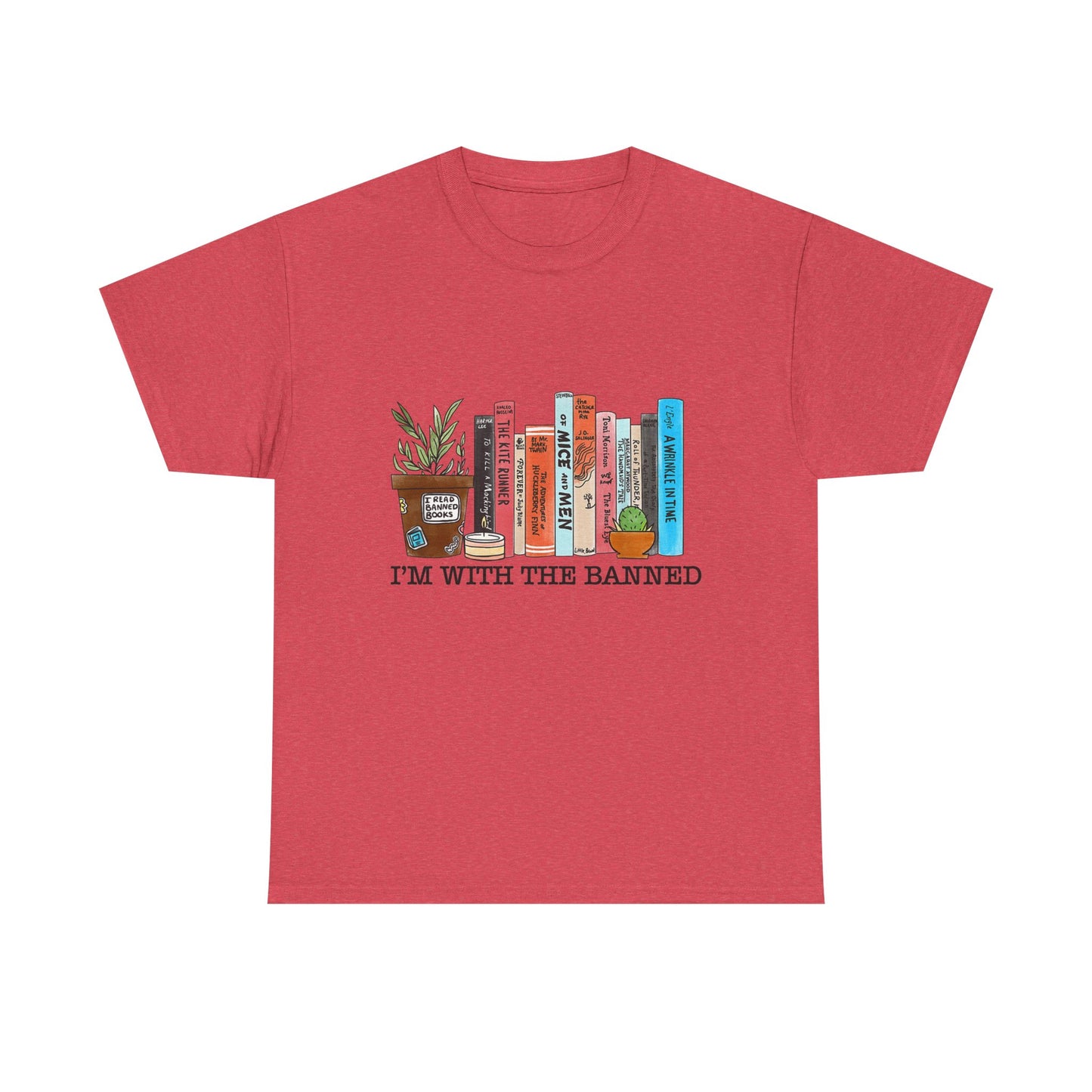 Book Lover T-Shirt — “I’m With the Banned” Illustrated Bookshelf Tee