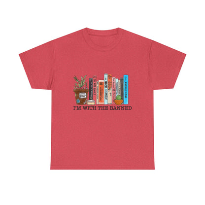 Book Lover T-Shirt — “I’m With the Banned” Illustrated Bookshelf Tee
