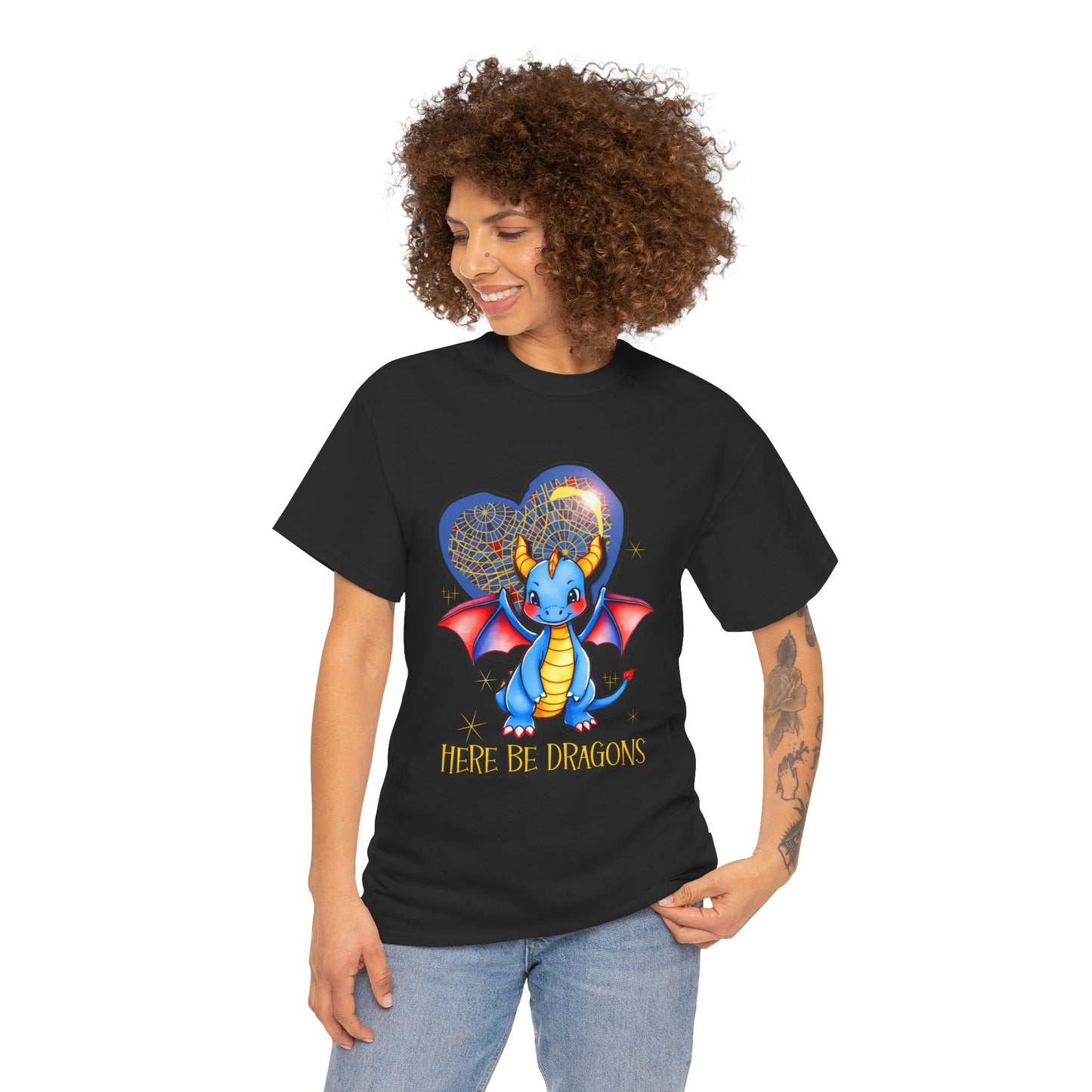 Dragon Heart T‑Shirt — Cute Blue Dragon 'Here Be Dragons' Tee