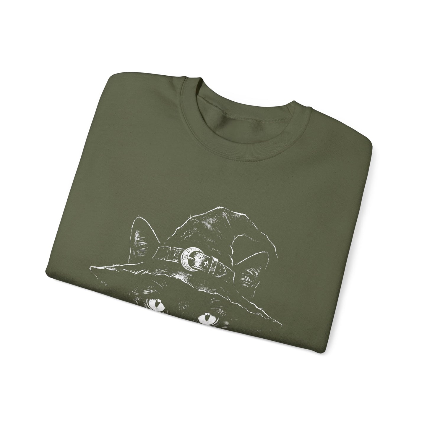 Witch Cat Crewneck Sweatshirt – Black Cat in Witch Hat Graphic