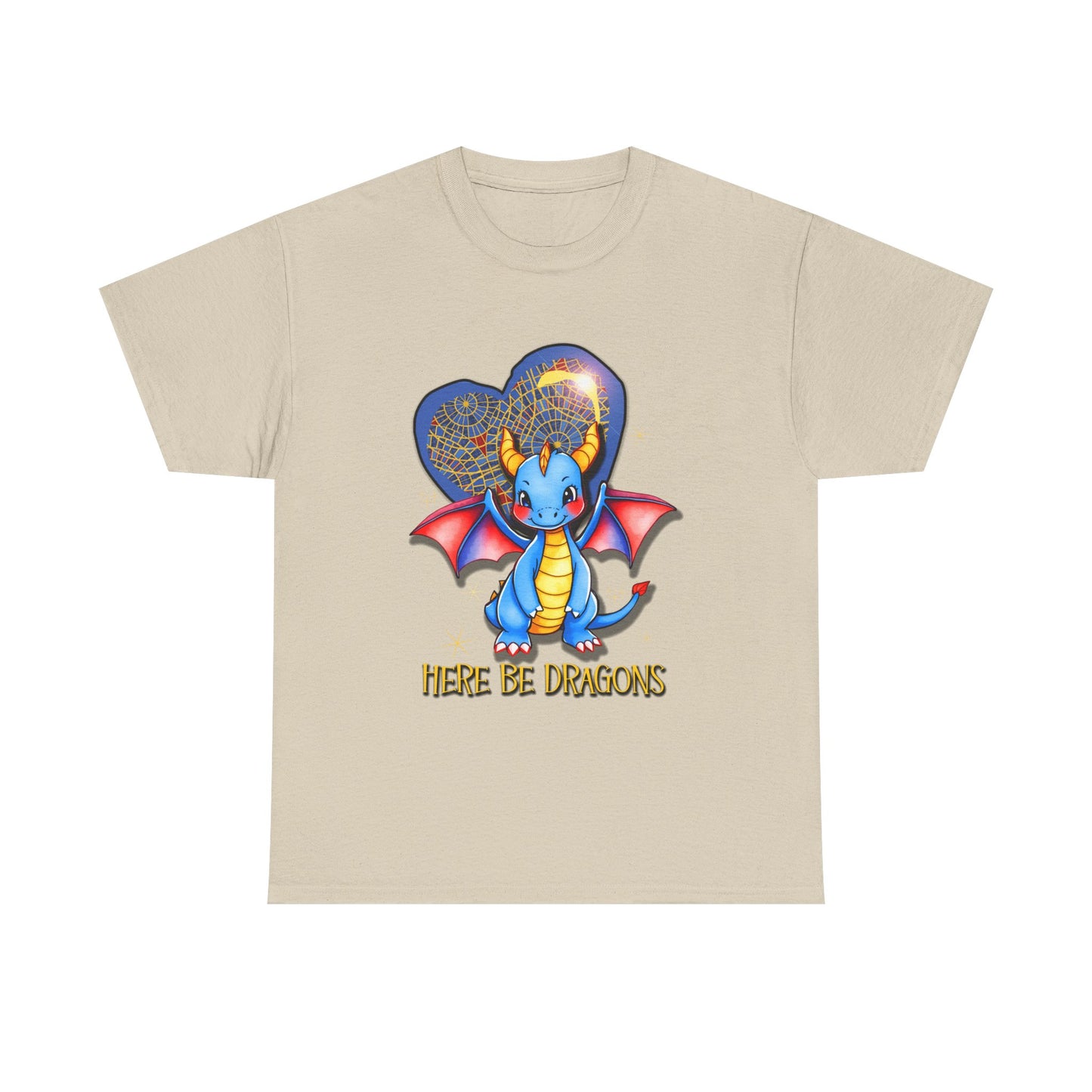 Dragon Heart T‑Shirt — Cute Blue Dragon 'Here Be Dragons' Tee
