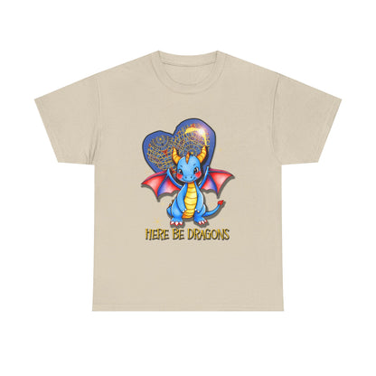 Dragon Heart T‑Shirt — Cute Blue Dragon 'Here Be Dragons' Tee