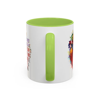 Customizable Accent Coffee Mug — "She Was Not Fragile Like a Flower, She Was Fragile Like a Bomb" Colorful Heart Floral Design (11/15 oz)