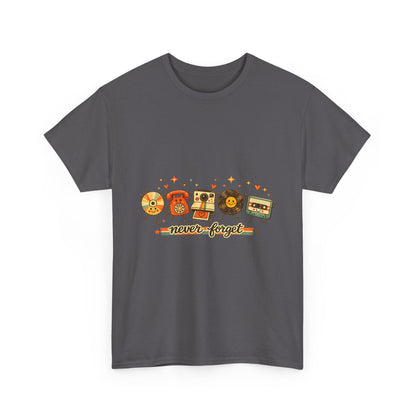 Retro Music Tee — "Never Forget" Vinyl, Cassette & CD Throwback Shirt