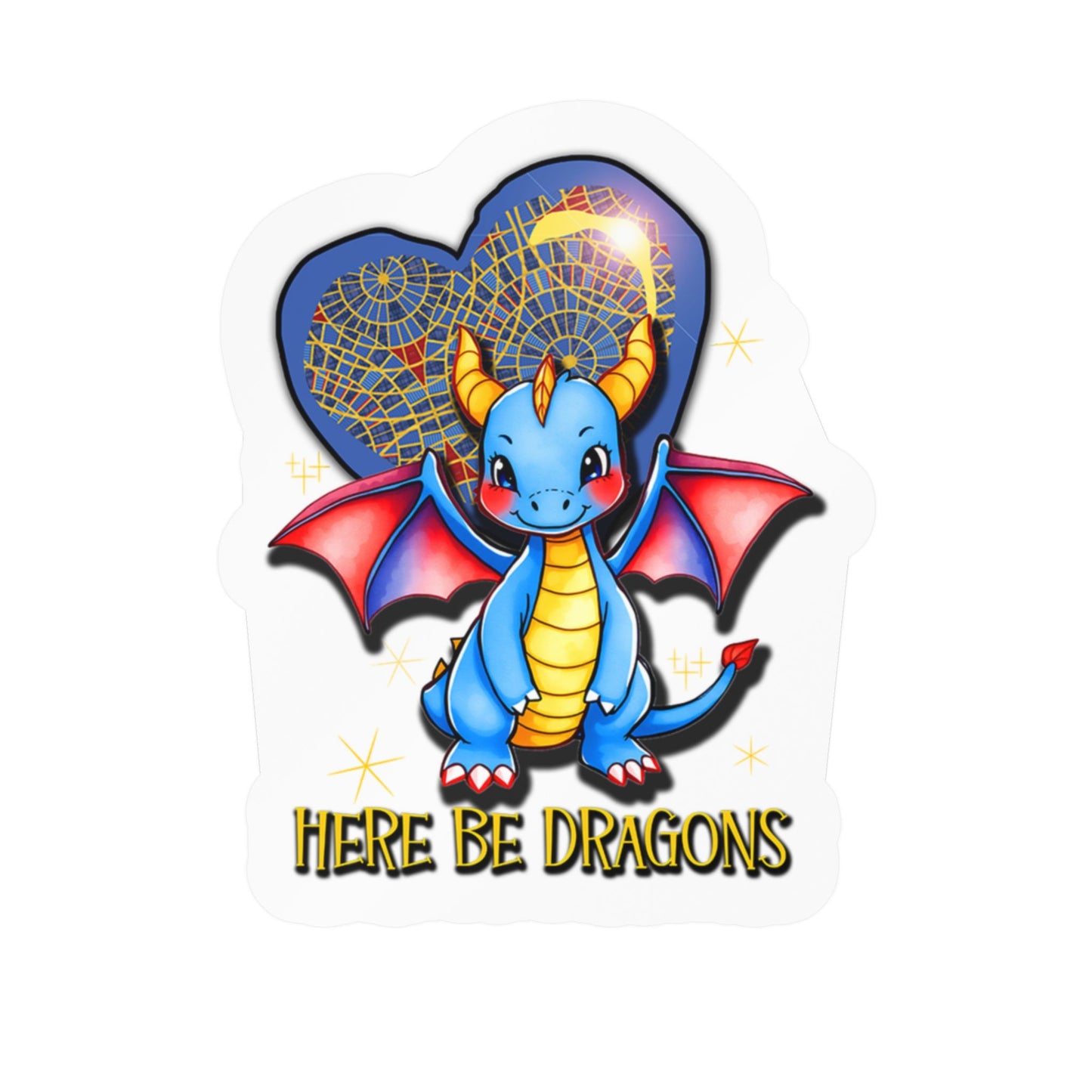 Here Be Dragons Kiss-Cut Vinyl Sticker — Cute Blue Dragon Decal for Laptops, Water Bottles & Windows