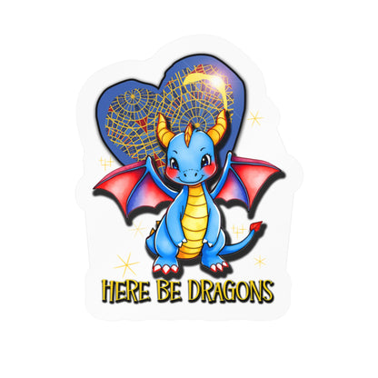 Here Be Dragons Kiss-Cut Vinyl Sticker — Cute Blue Dragon Decal for Laptops, Water Bottles & Windows