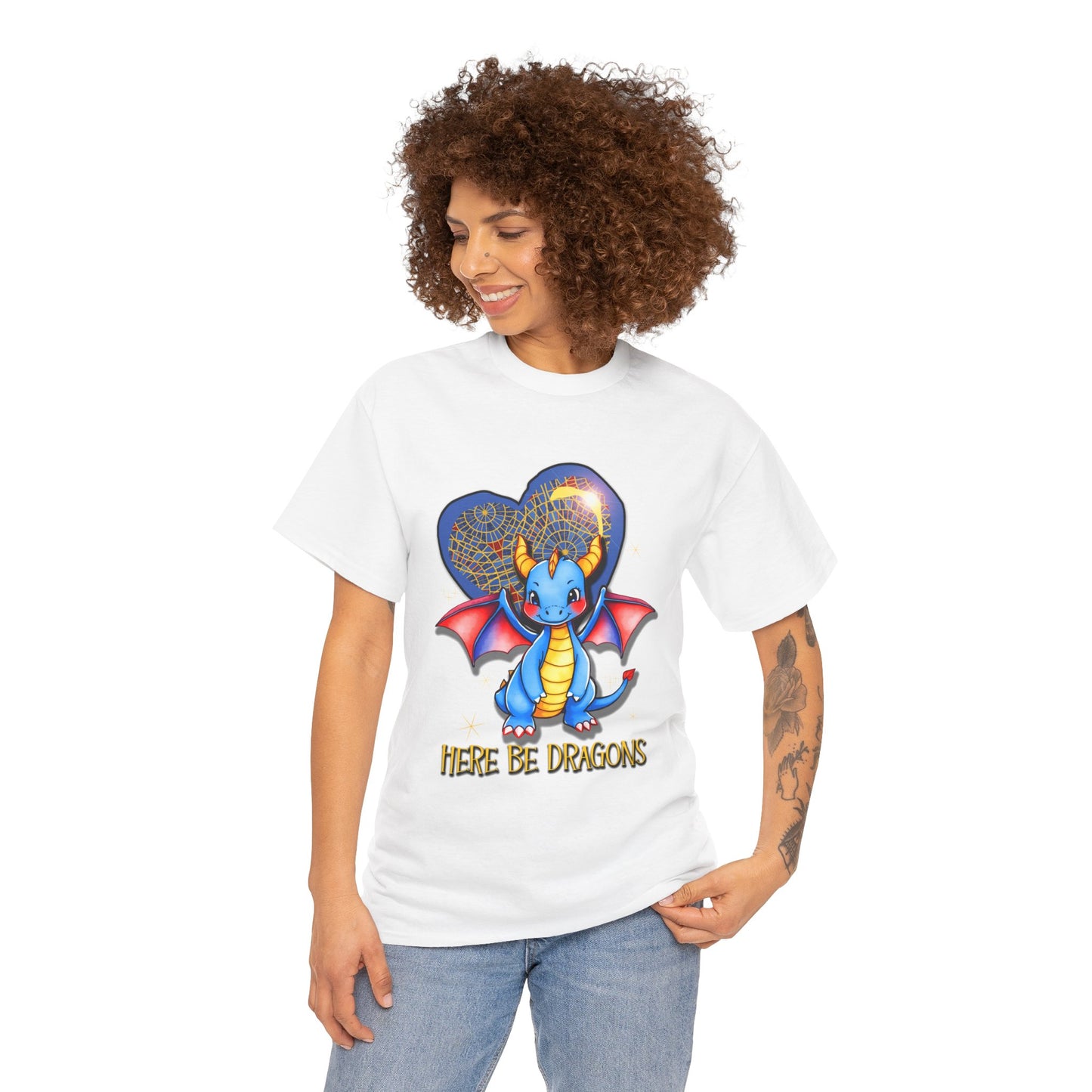 Dragon Heart T‑Shirt — Cute Blue Dragon 'Here Be Dragons' Tee