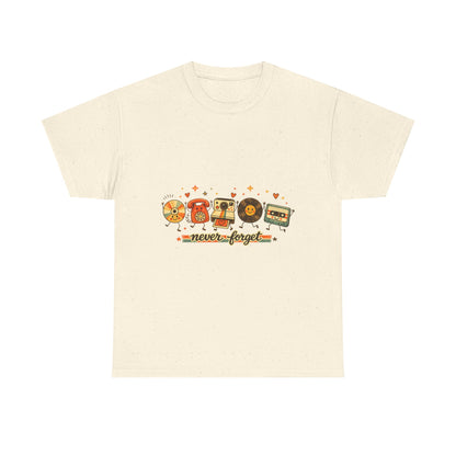 Retro Music Tee — "Never Forget" Vinyl, Cassette & CD Throwback Shirt