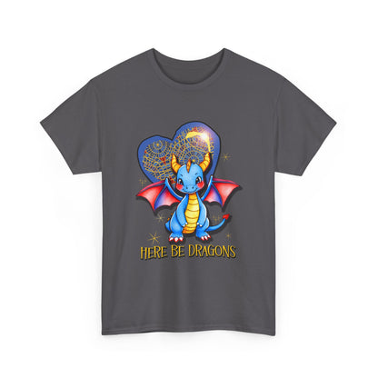 Dragon Heart T‑Shirt — Cute Blue Dragon 'Here Be Dragons' Tee