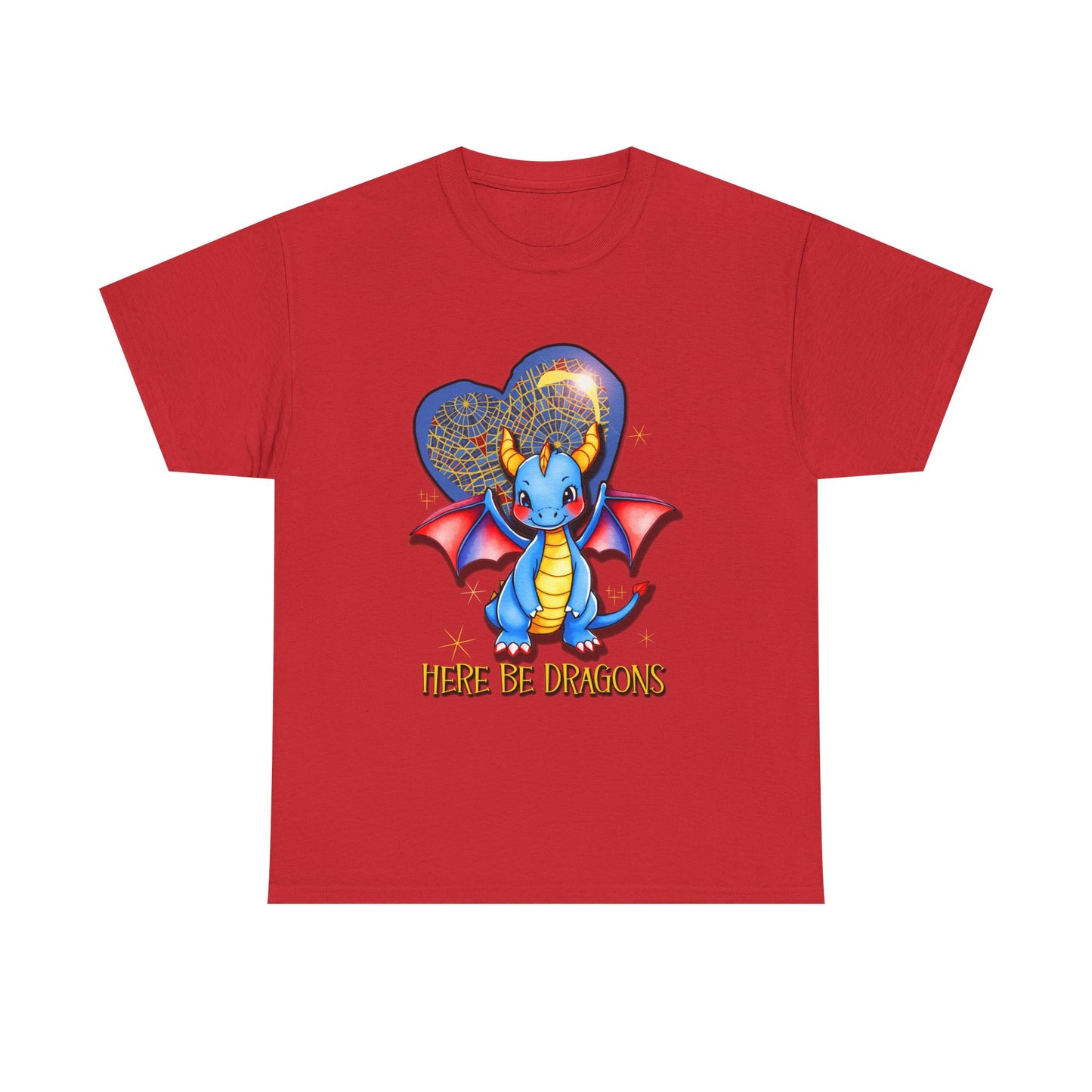 Dragon Heart T‑Shirt — Cute Blue Dragon 'Here Be Dragons' Tee