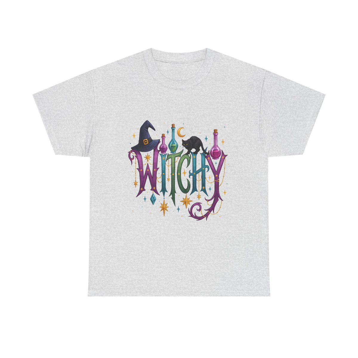 Witchy Graphic Tee — Colorful Witch Hat, Black Cat & Potion Bottles Halloween T-Shirt