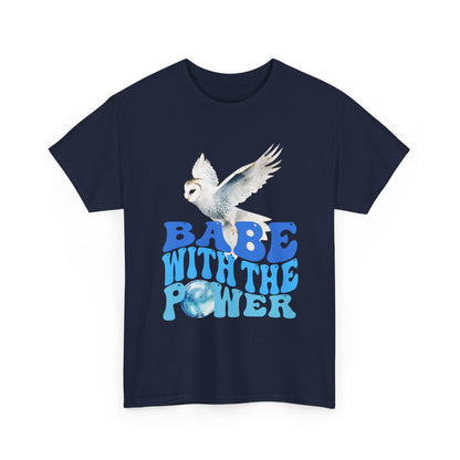 Babe With the Power Graphic Tee — Retro Blue Psychedelic Owl Design