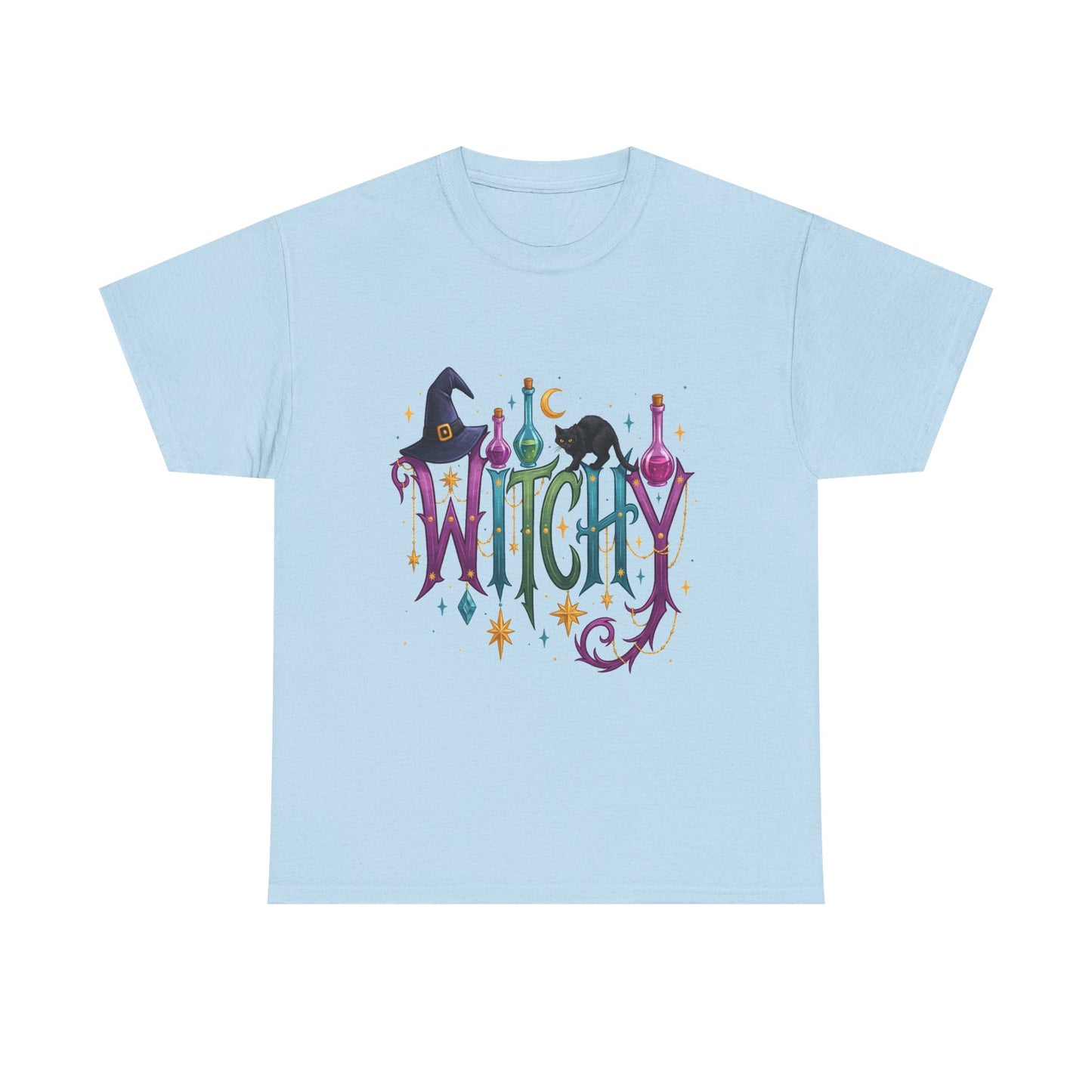 Witchy Graphic Tee — Colorful Witch Hat, Black Cat & Potion Bottles Halloween T-Shirt