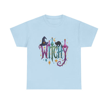 Witchy Graphic Tee — Colorful Witch Hat, Black Cat & Potion Bottles Halloween T-Shirt