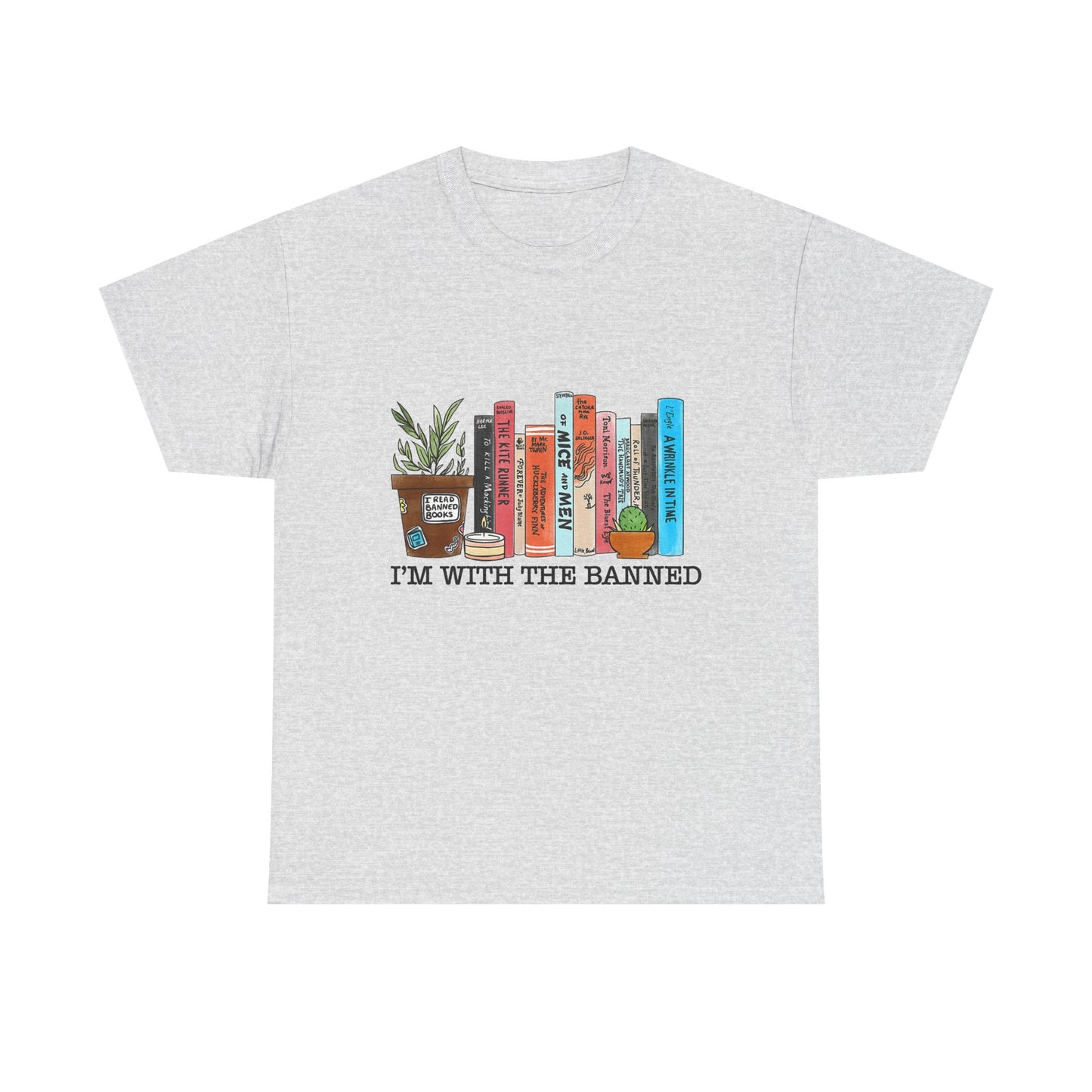 Book Lover T-Shirt — “I’m With the Banned” Illustrated Bookshelf Tee