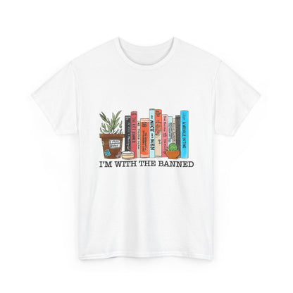 Book Lover T-Shirt — “I’m With the Banned” Illustrated Bookshelf Tee
