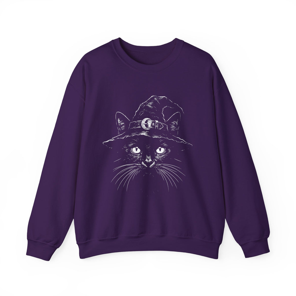 Witch Cat Crewneck Sweatshirt – Black Cat in Witch Hat Graphic