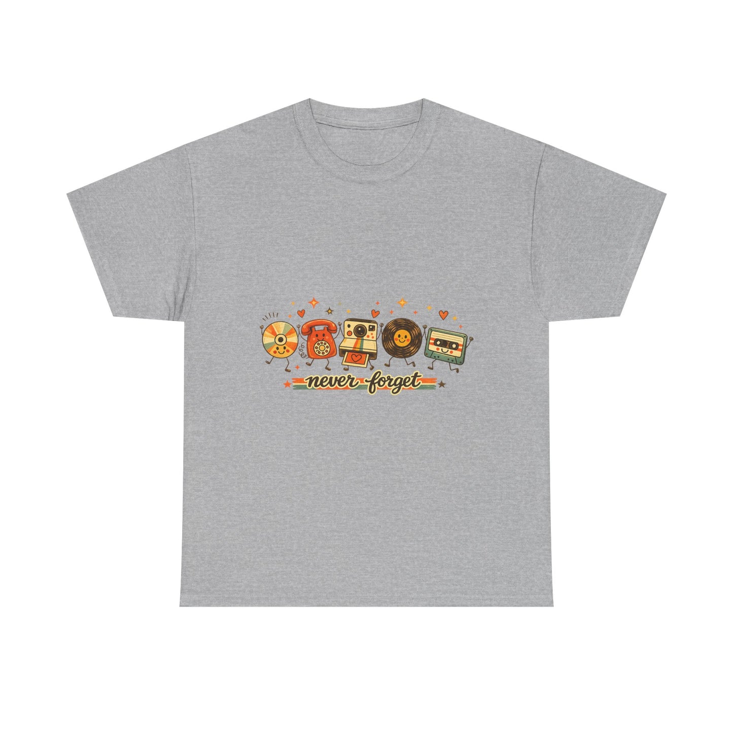 Retro Music Tee — "Never Forget" Vinyl, Cassette & CD Throwback Shirt