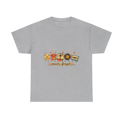 Retro Music Tee — "Never Forget" Vinyl, Cassette & CD Throwback Shirt
