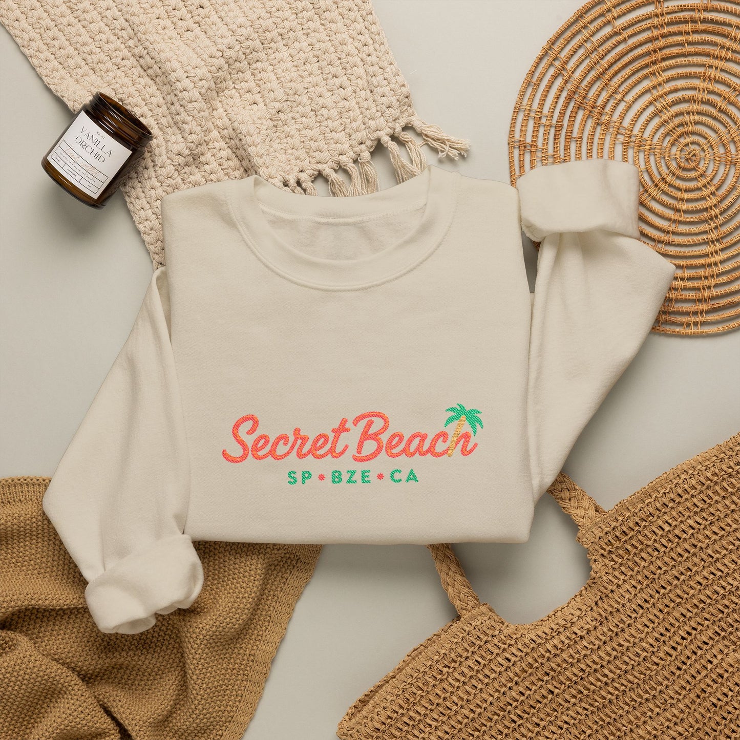 Secret Beach embroidered Crewneck Sweatshirt — Retro Palm Beach Vibes