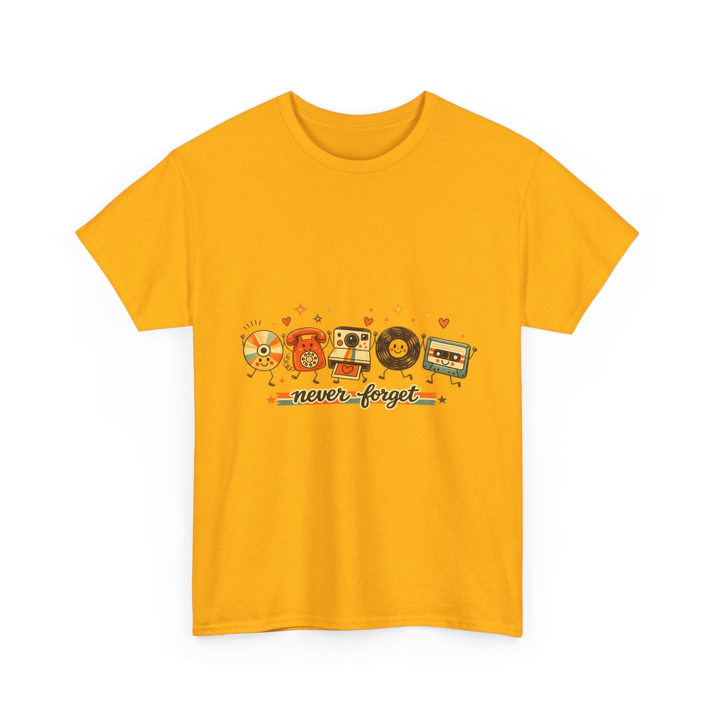 Retro Music Tee — "Never Forget" Vinyl, Cassette & CD Throwback Shirt
