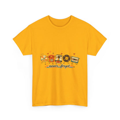 Retro Music Tee — "Never Forget" Vinyl, Cassette & CD Throwback Shirt