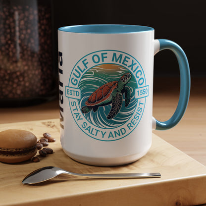 Customizable Gulf of Mexico Turtle Coffee Mug — "Stay Salty and Resist" Accent Ceramic Mug