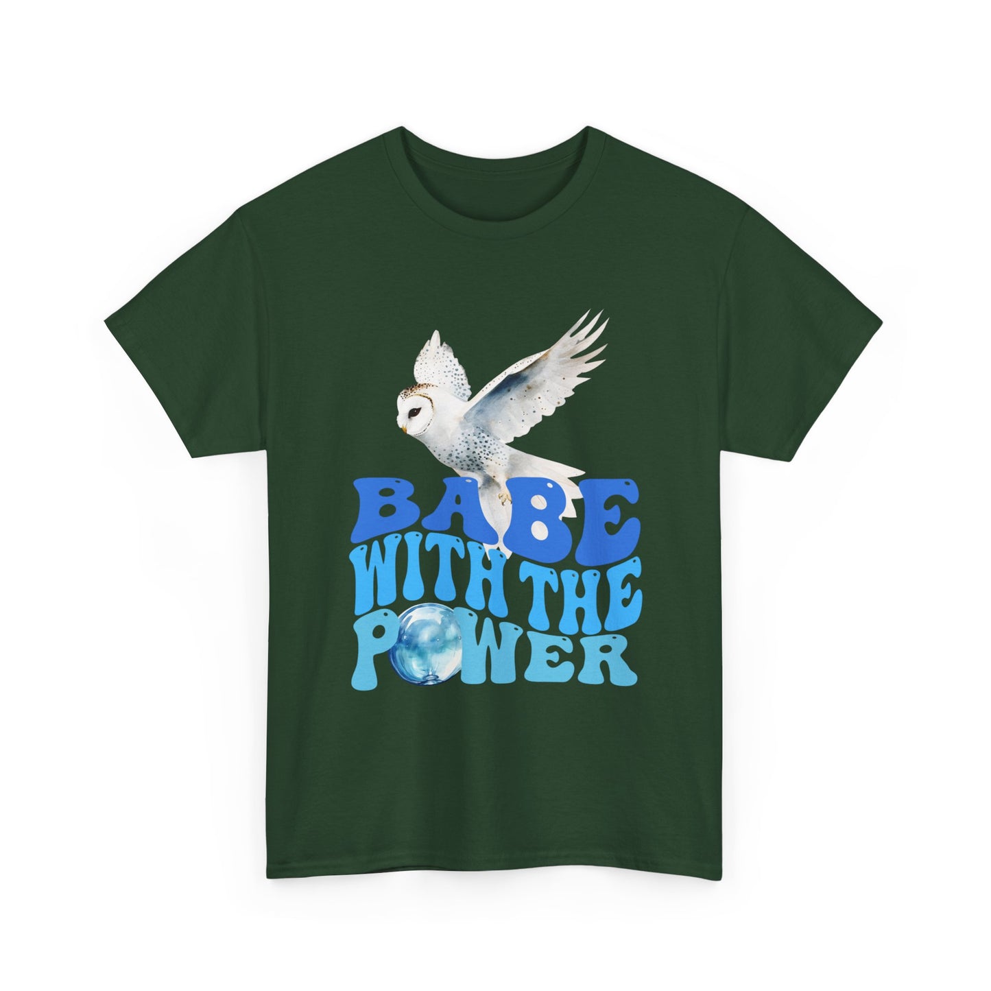 Babe With the Power Graphic Tee — Retro Blue Psychedelic Owl Design