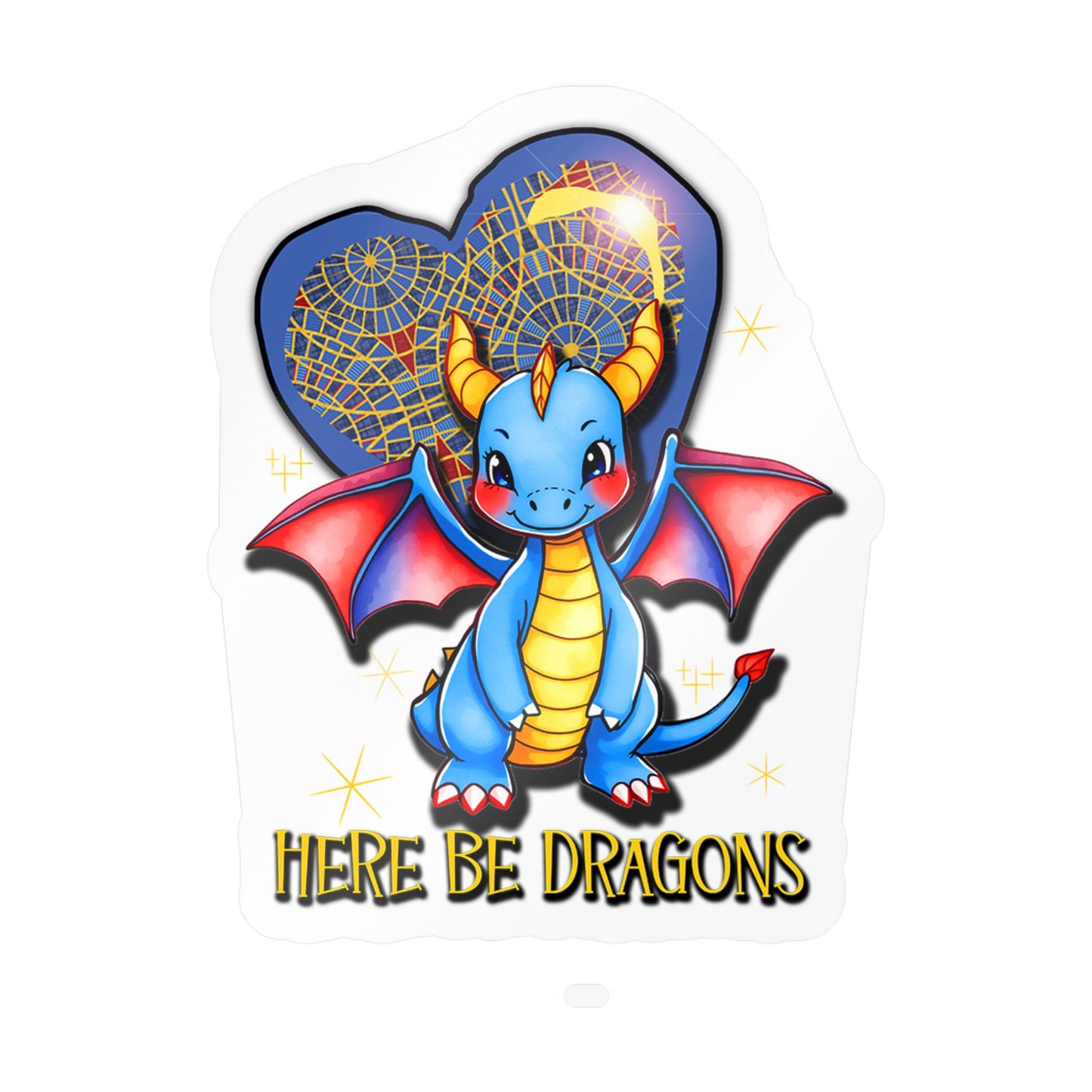 Here Be Dragons Kiss-Cut Vinyl Sticker — Cute Blue Dragon Decal for Laptops, Water Bottles & Windows