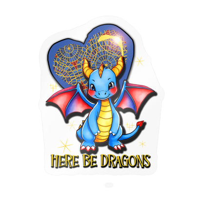 Here Be Dragons Kiss-Cut Vinyl Sticker — Cute Blue Dragon Decal for Laptops, Water Bottles & Windows