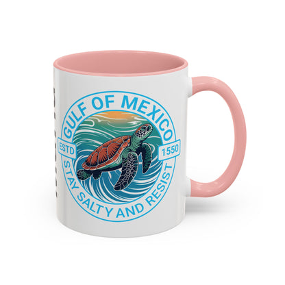 Customizable Gulf of Mexico Turtle Coffee Mug — "Stay Salty and Resist" Accent Ceramic Mug