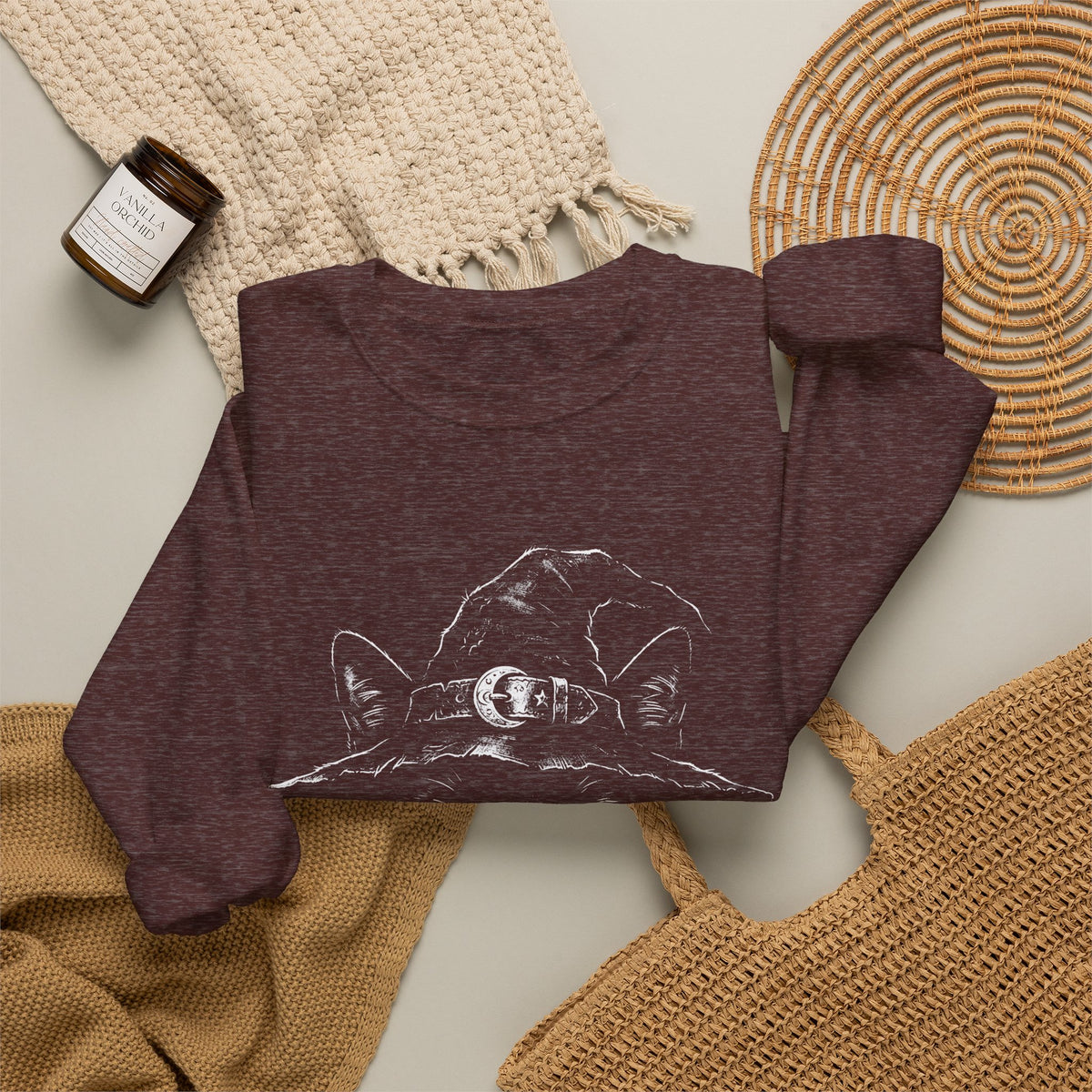 Witch Cat Crewneck Sweatshirt – Black Cat in Witch Hat Graphic