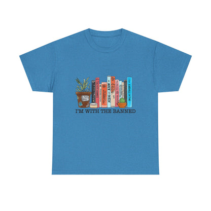 Book Lover T-Shirt — “I’m With the Banned” Illustrated Bookshelf Tee
