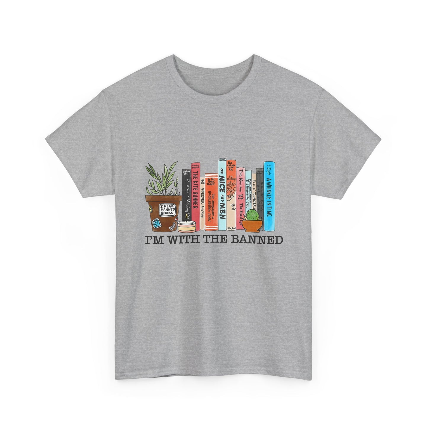 Book Lover T-Shirt — “I’m With the Banned” Illustrated Bookshelf Tee