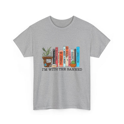 Book Lover T-Shirt — “I’m With the Banned” Illustrated Bookshelf Tee