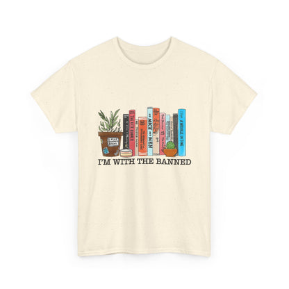 Book Lover T-Shirt — “I’m With the Banned” Illustrated Bookshelf Tee