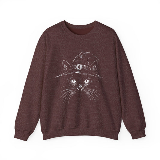 Witch Cat Crewneck Sweatshirt – Black Cat in Witch Hat Graphic