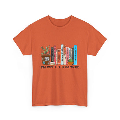 Book Lover T-Shirt — “I’m With the Banned” Illustrated Bookshelf Tee