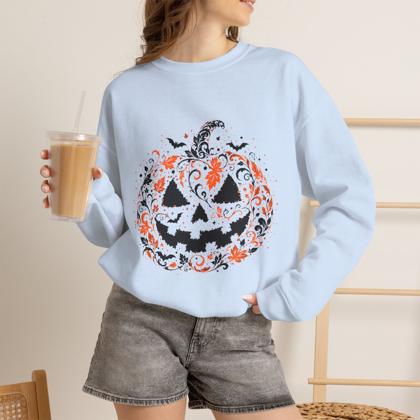 Halloween Pumpkin Crewneck Sweatshirt – Floral Jack-O'-Lantern Design