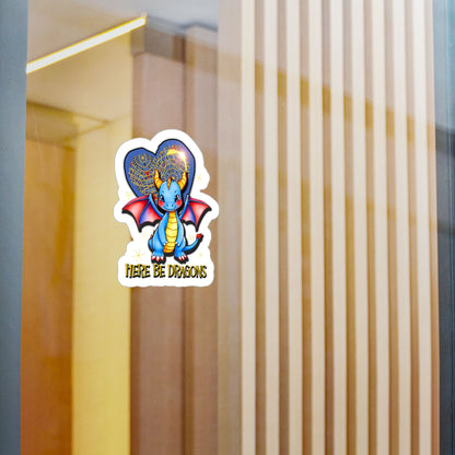 Here Be Dragons Kiss-Cut Vinyl Sticker — Cute Blue Dragon Decal for Laptops, Water Bottles & Windows
