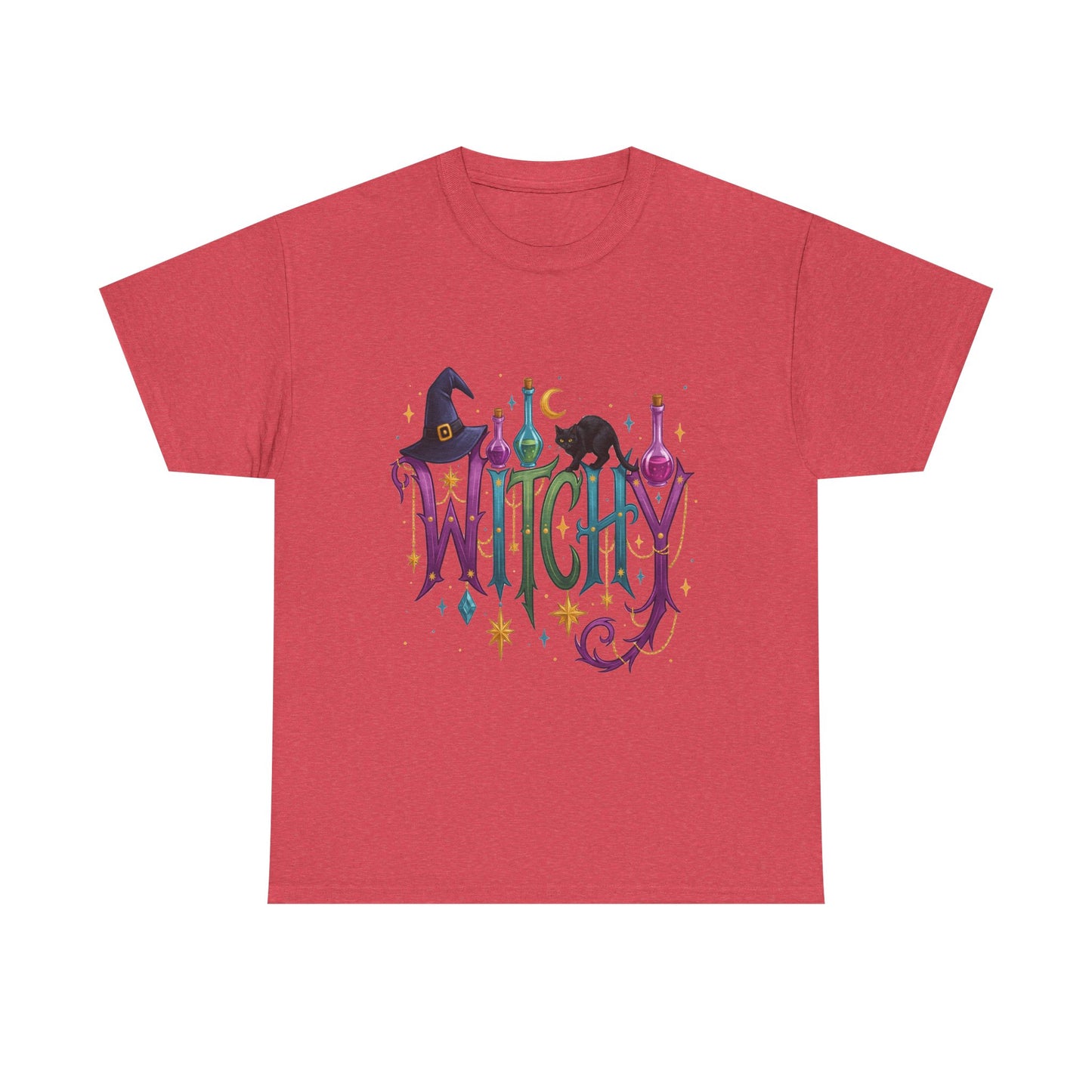 Witchy Graphic Tee — Colorful Witch Hat, Black Cat & Potion Bottles Halloween T-Shirt