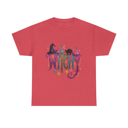 Witchy Graphic Tee — Colorful Witch Hat, Black Cat & Potion Bottles Halloween T-Shirt