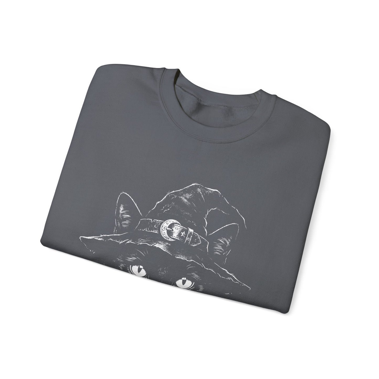Witch Cat Crewneck Sweatshirt – Black Cat in Witch Hat Graphic