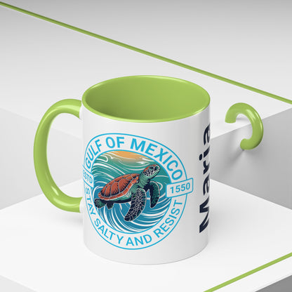 Customizable Gulf of Mexico Turtle Coffee Mug — "Stay Salty and Resist" Accent Ceramic Mug