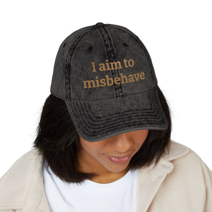 Embroidered Vintage Cap — "I aim to misbehave" Distressed Hat