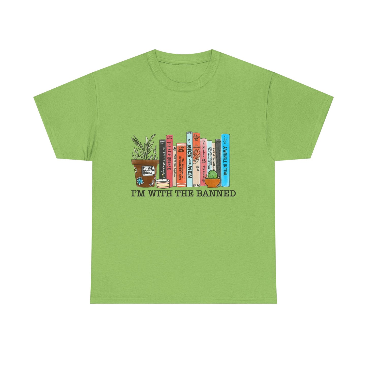 Book Lover T-Shirt — “I’m With the Banned” Illustrated Bookshelf Tee