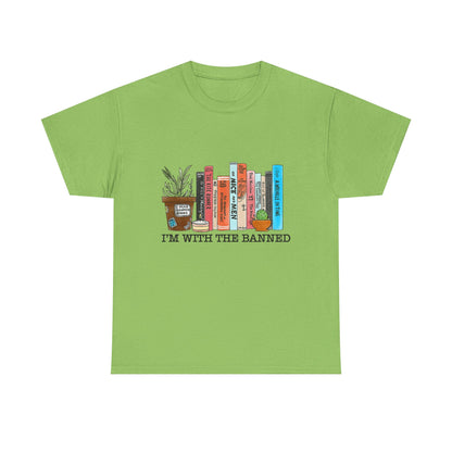 Book Lover T-Shirt — “I’m With the Banned” Illustrated Bookshelf Tee