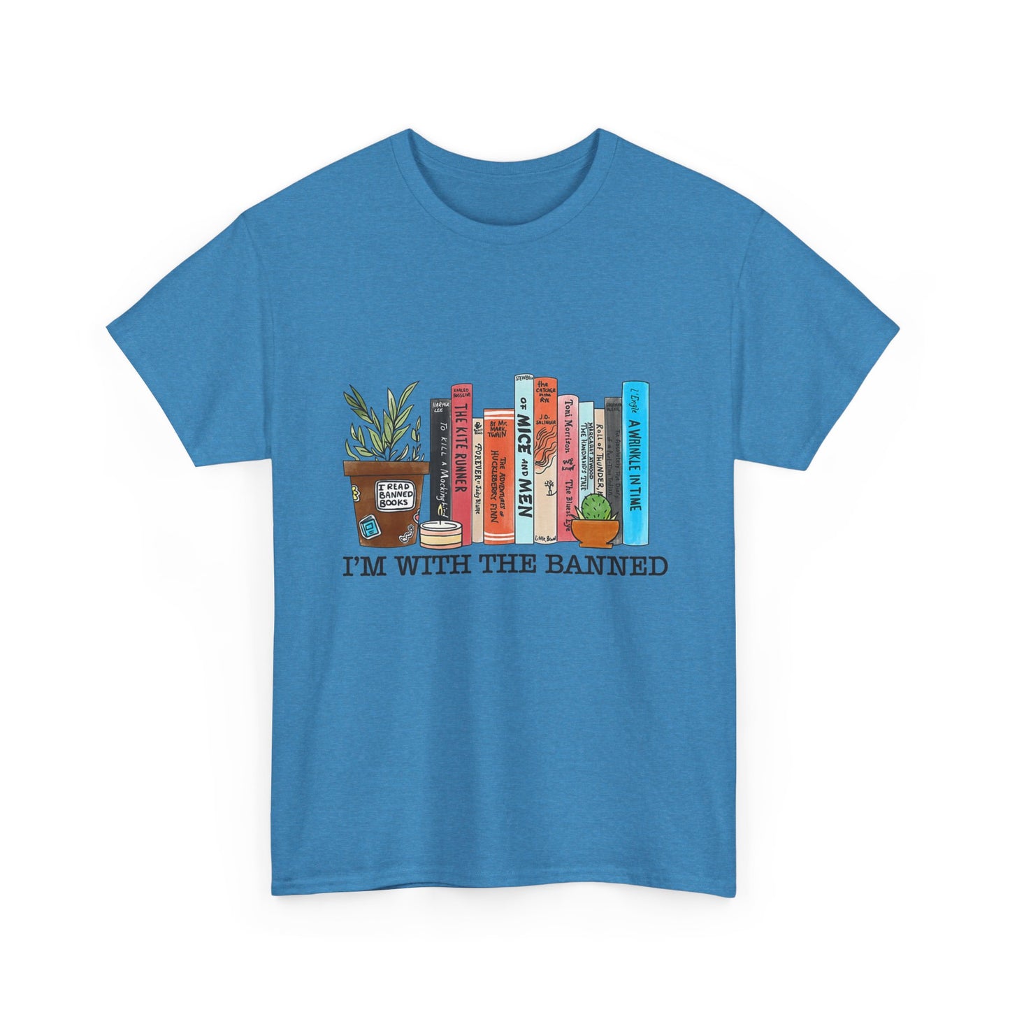 Book Lover T-Shirt — “I’m With the Banned” Illustrated Bookshelf Tee