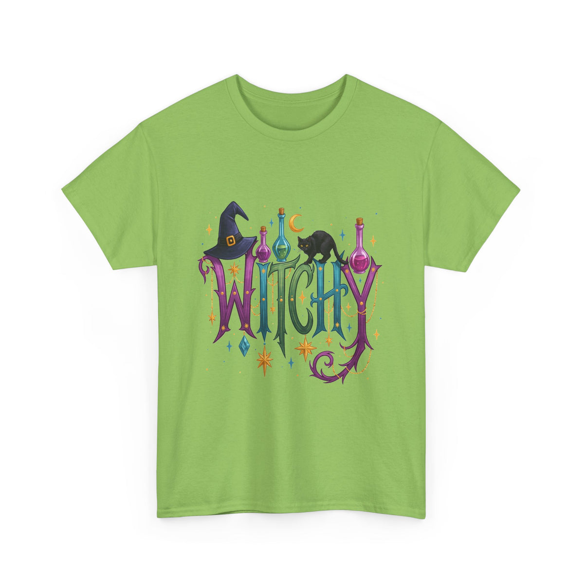 Witchy Graphic Tee — Colorful Witch Hat, Black Cat & Potion Bottles Halloween T-Shirt